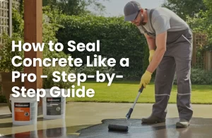 A man applies concrete sealant to a patio using a paintbrush, ensuring a smooth and protective finish.